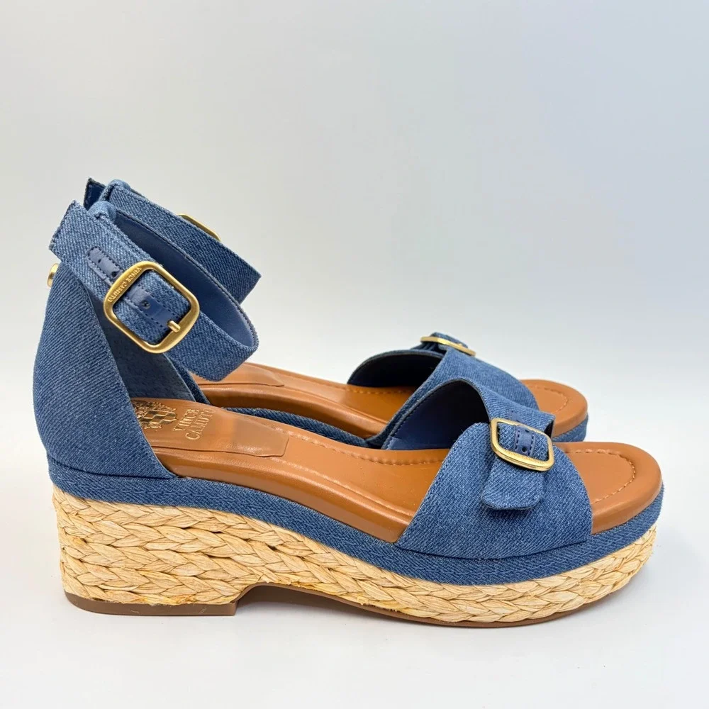 Vince Camuto Meterry Denim Espadrille Platform Sandals Blue Indigo Womens 9 Chic